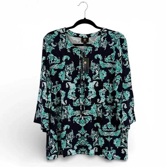 JM Collection 3/4 Sleeve Paisley Turquoise Lace-Up Tunic Top 1X – NWT - Picture 10 of 13